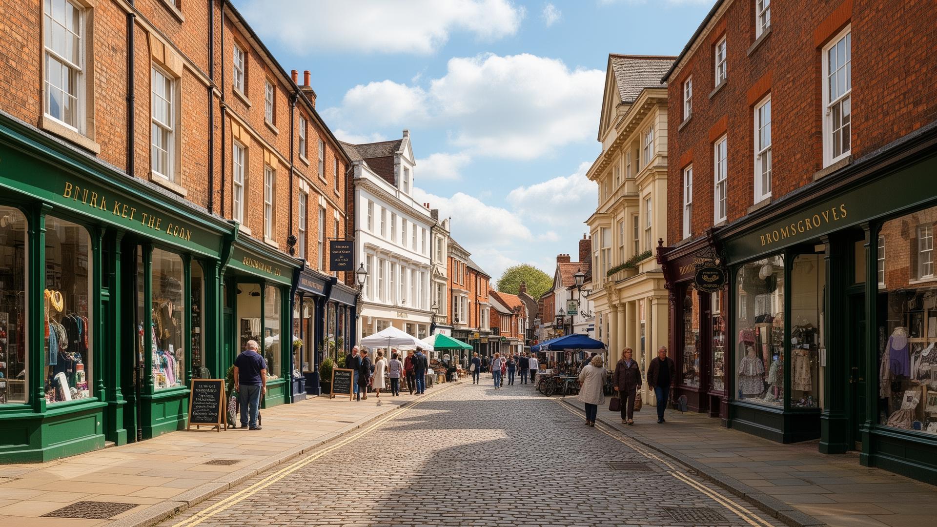 Bromsgrove high street with traditional English shopfronts and Georgian buildings