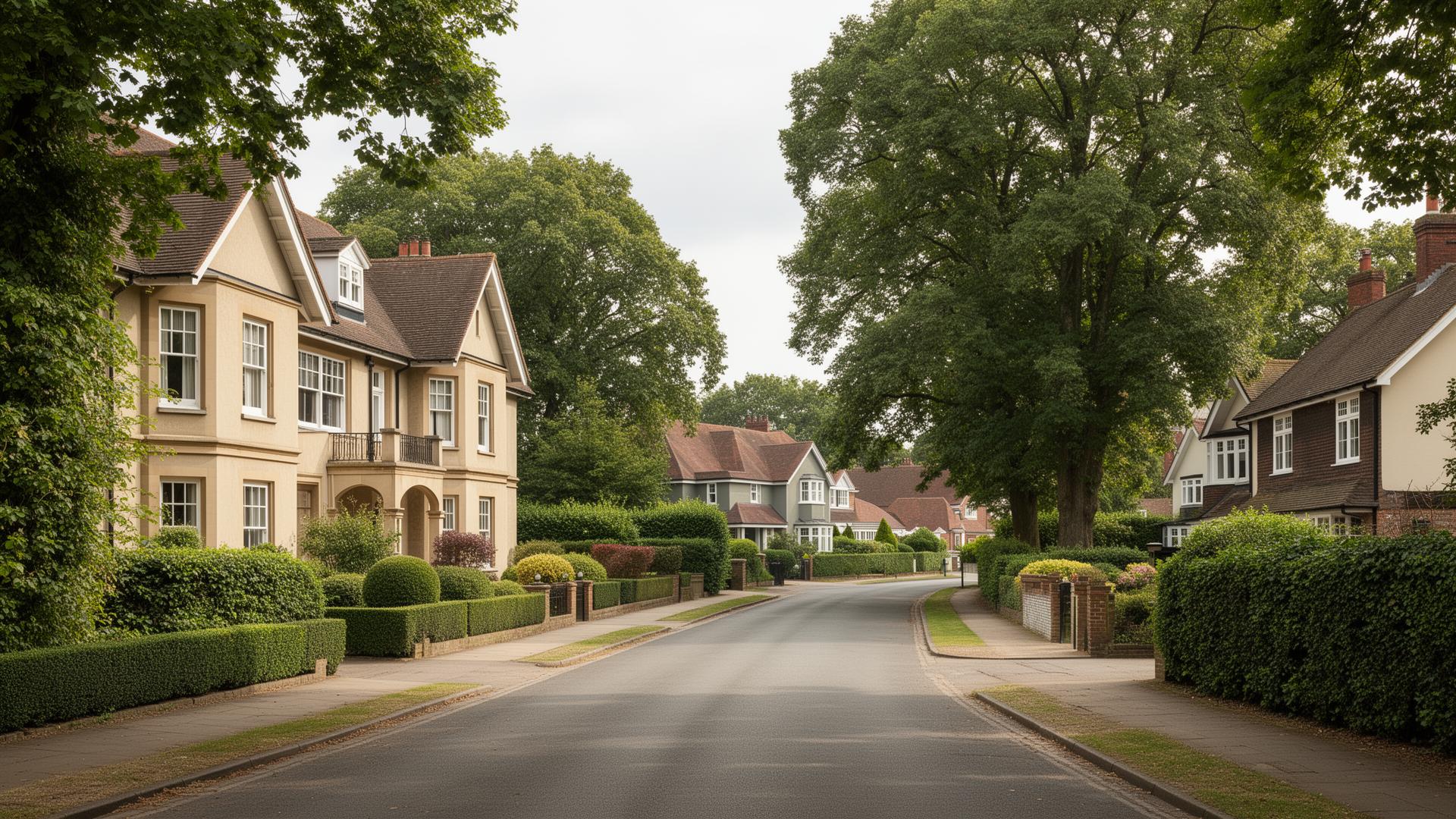 Dorridge leafy residential street with large detached Edwardian homes and mature trees