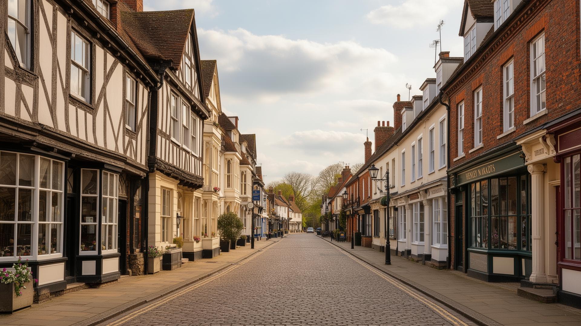 Henley-in-Arden historic high street lined with Tudor, Georgian and Victorian buildings