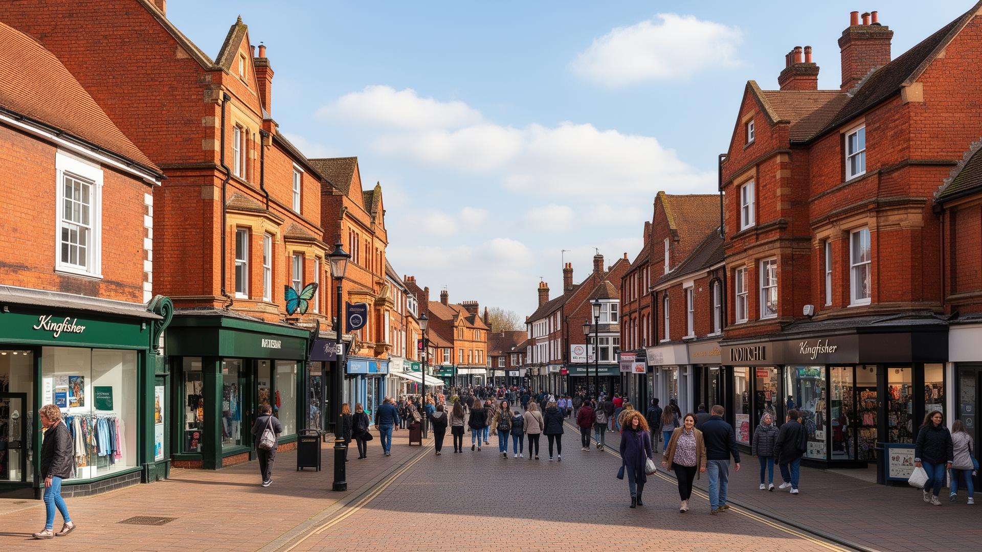 Redditch town centre with red brick Victorian buildings and high street shops
