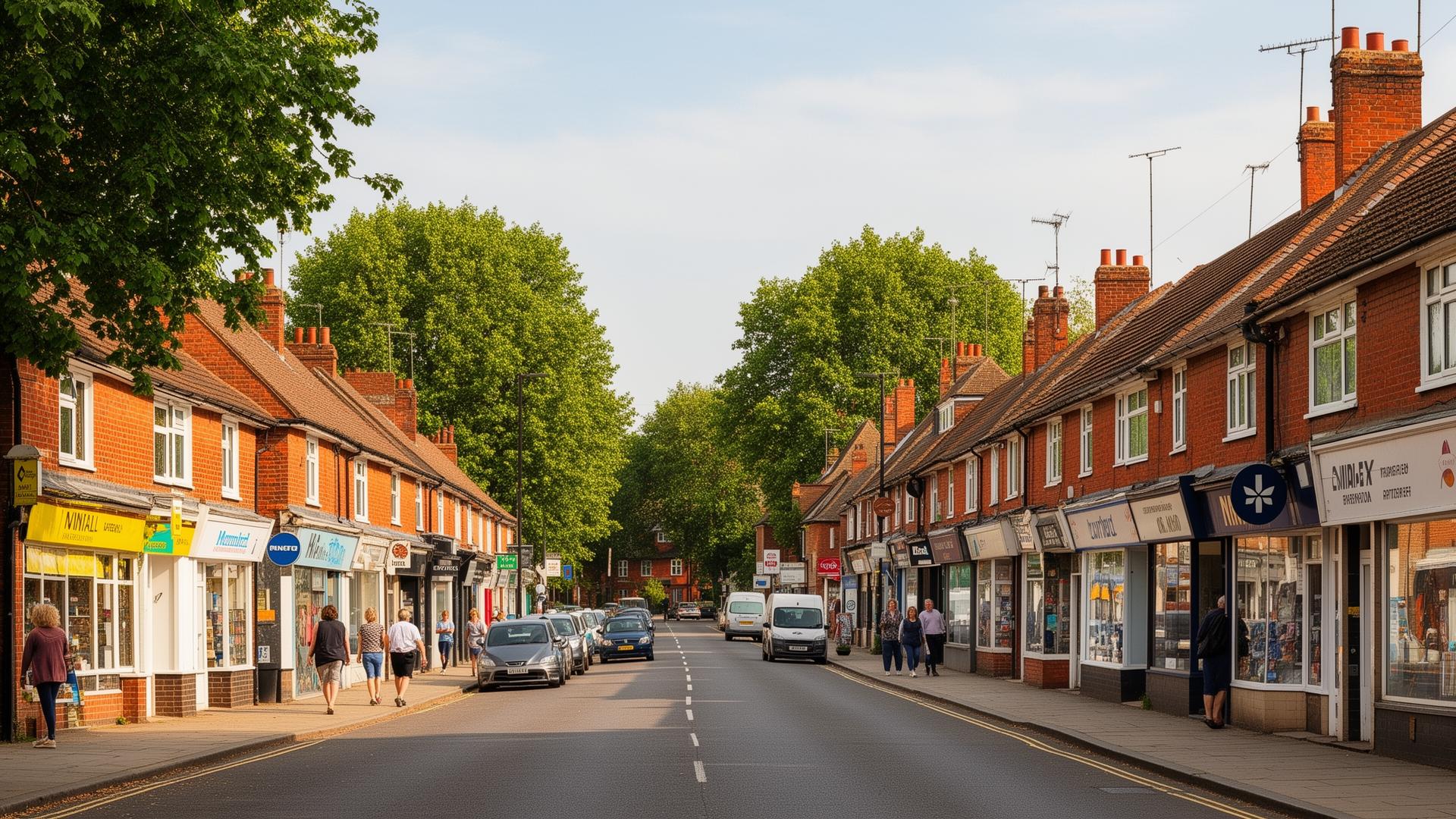 Shirley high street in Solihull with parades of shops and red brick suburban homes