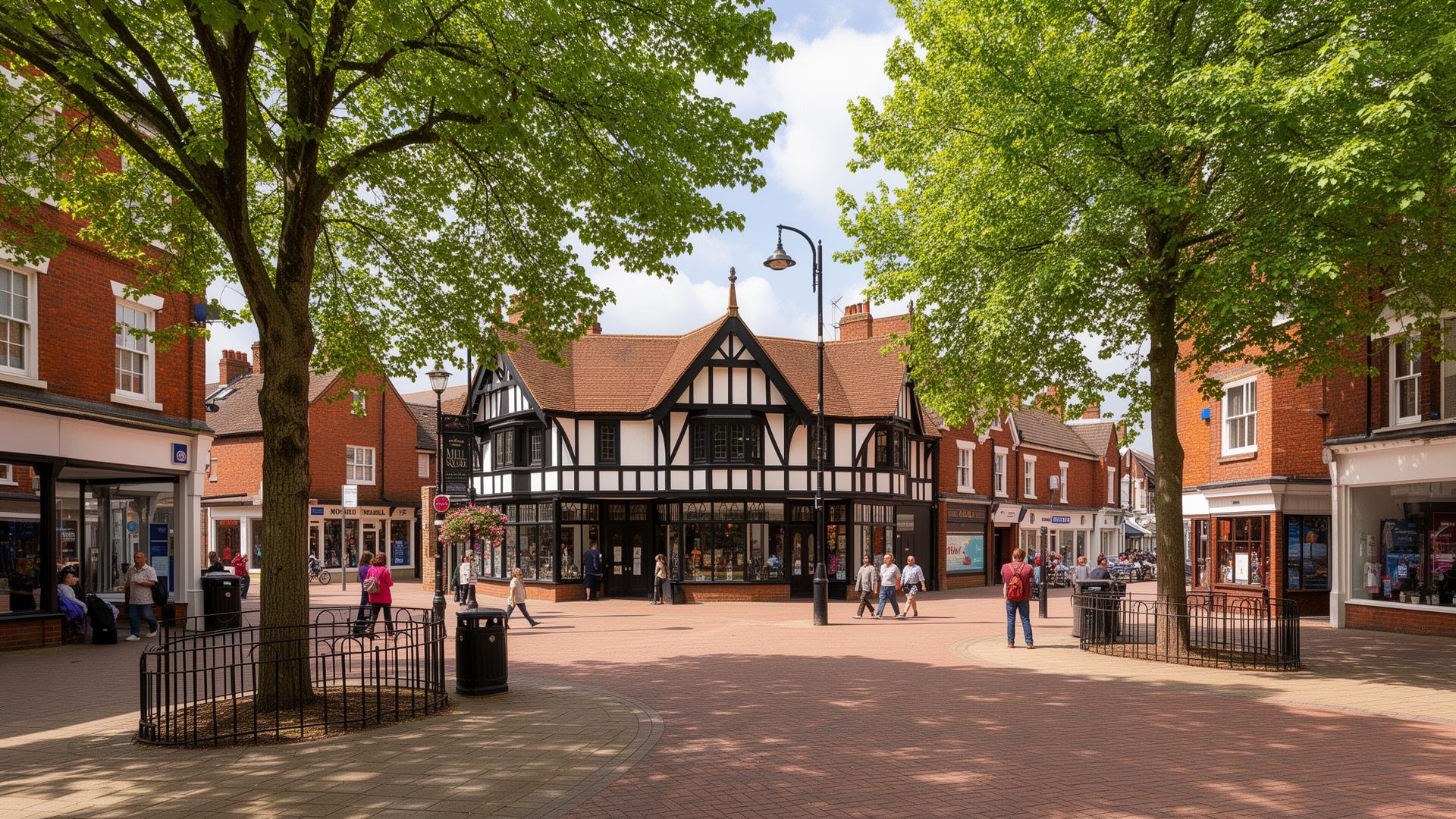 Solihull town centre with mock-Tudor architecture and leafy streets, West Midlands