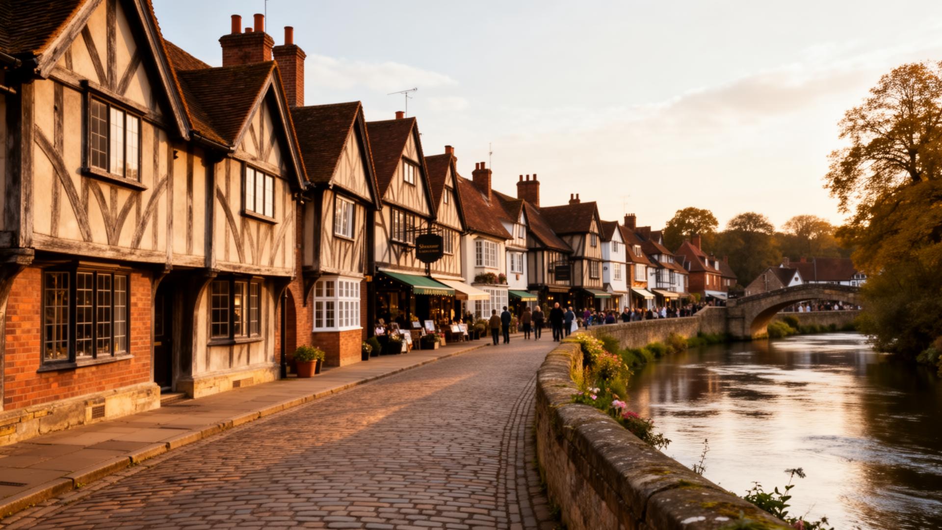 Stratford-upon-Avon historic half-timbered Tudor buildings beside the River Avon