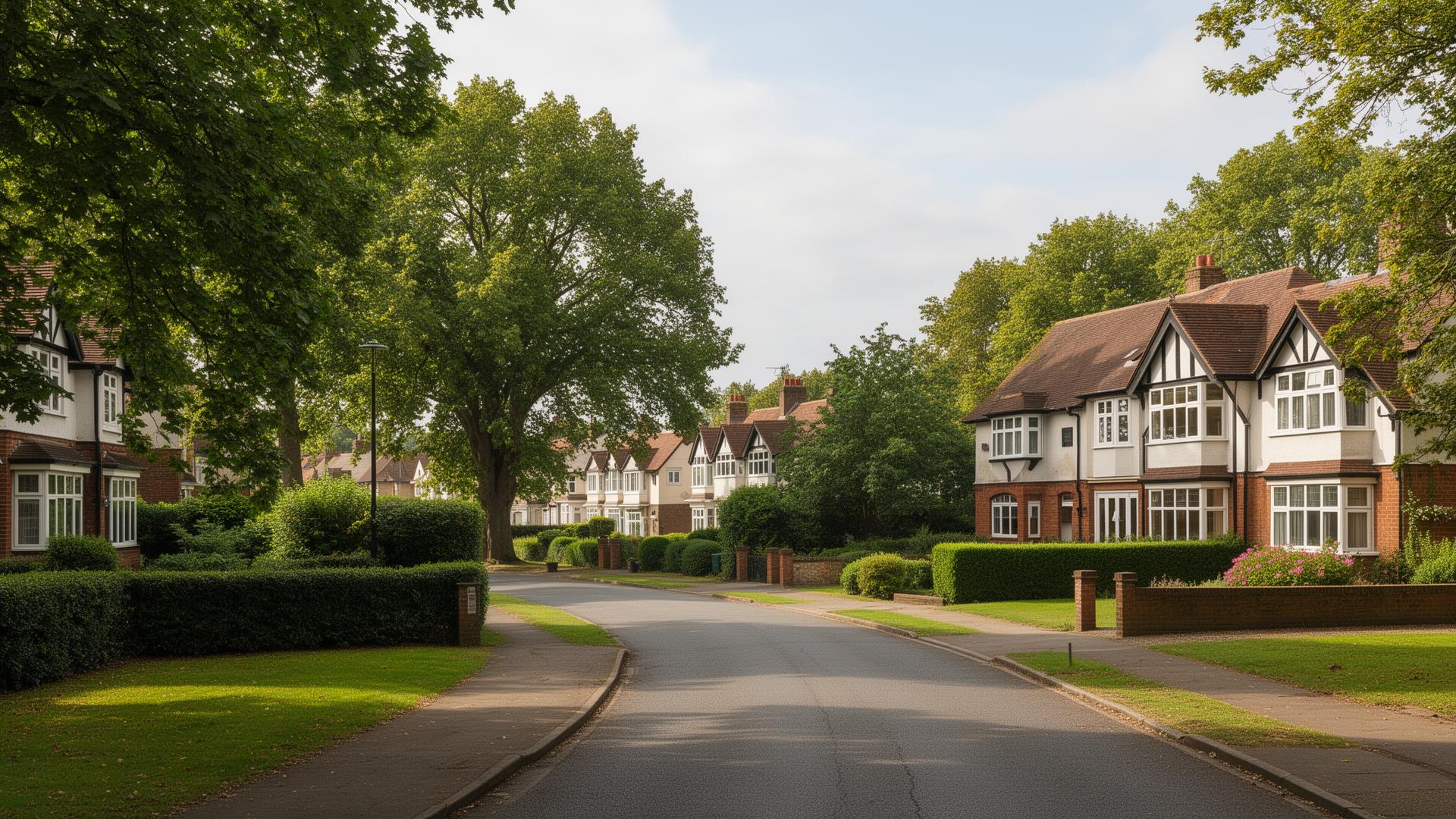 Leafy suburban street in Sutton Coldfield with mature trees and large semi-detached homes