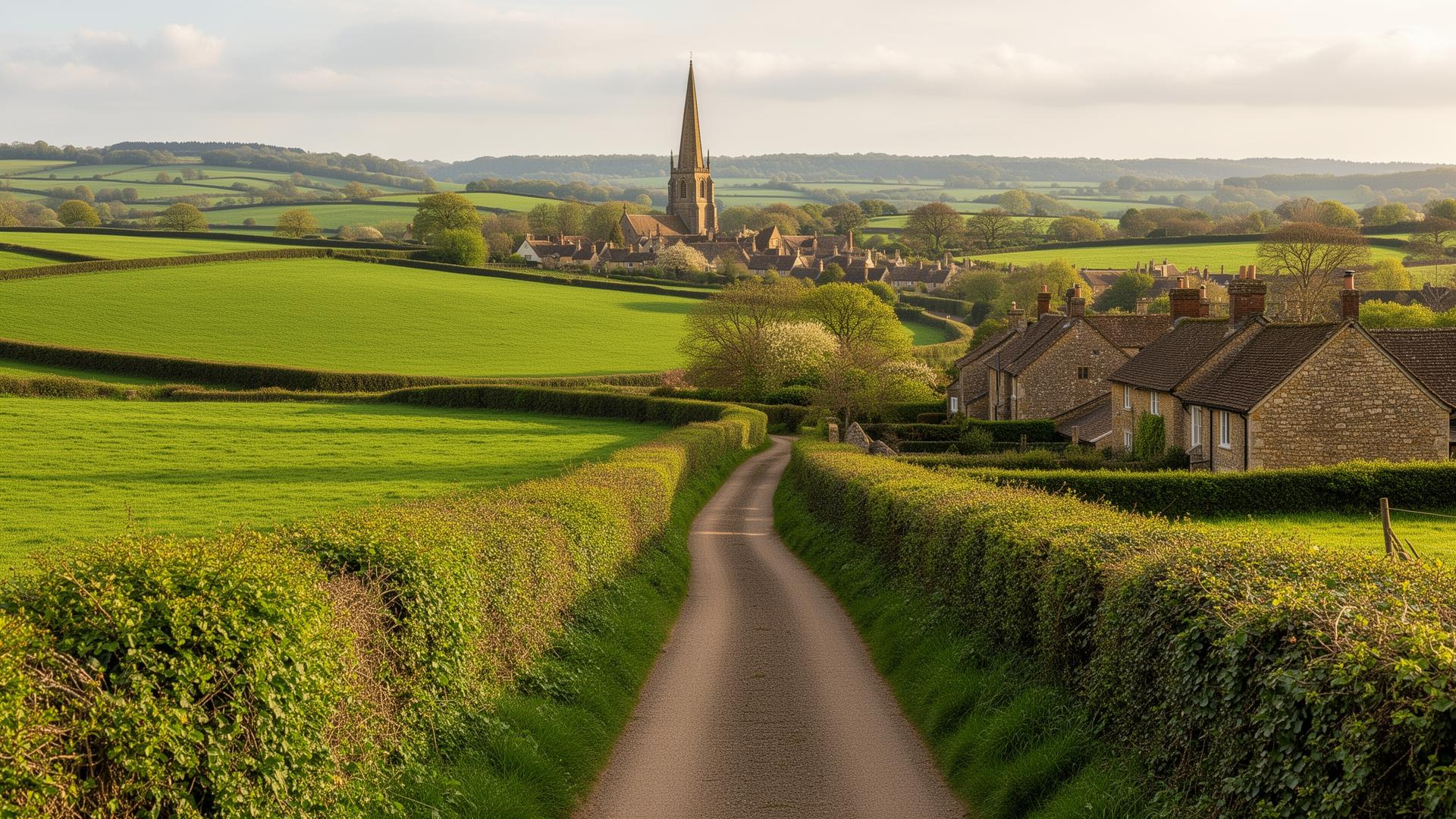 Warwickshire countryside with rolling green fields, hedgerows and a village church spire