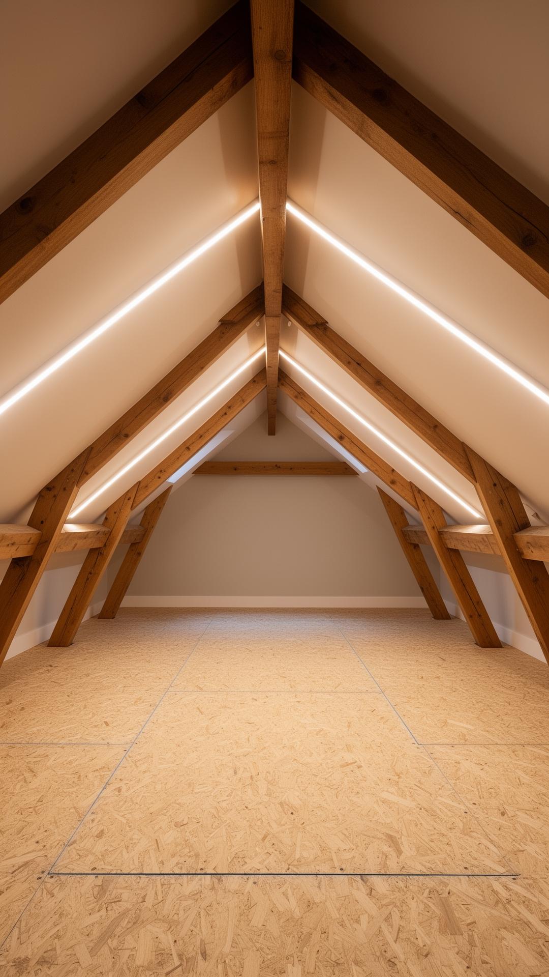 LED strip lighting installed along loft rafters above a boarded floor