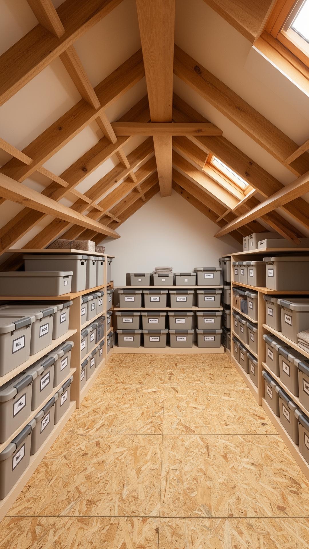 Organised loft storage with labelled boxes on bespoke timber shelving