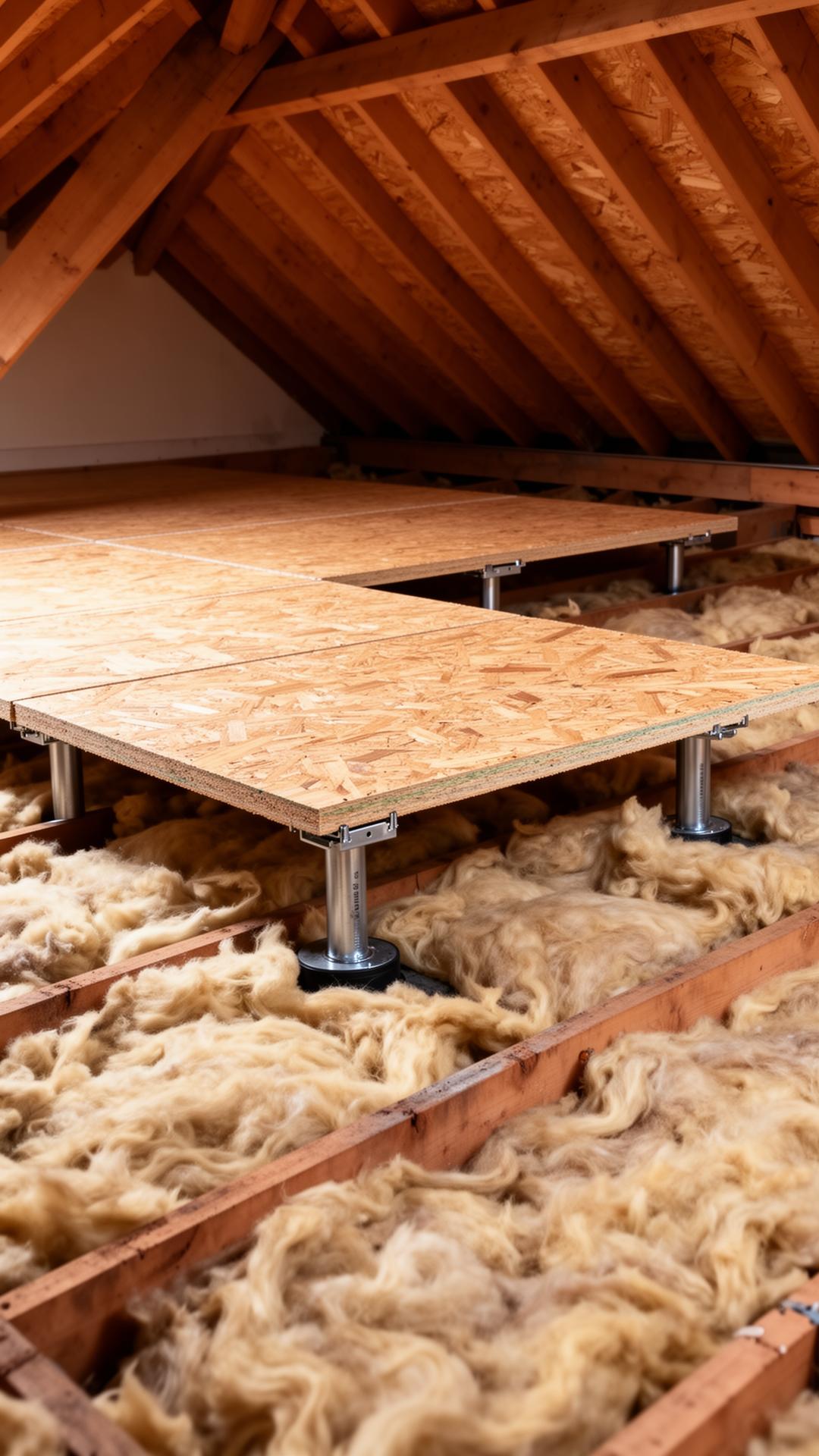 Raised loft boarding system on metal stilts above 270mm mineral wool insulation